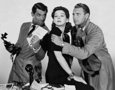 Cary Grant, Rosalind Russell, and Ralph Bellamy in His Girl Friday uit 1940.