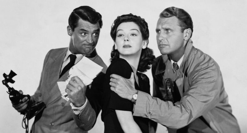 Cary Grant, Rosalind Russell, and Ralph Bellamy in His Girl Friday uit 1940.